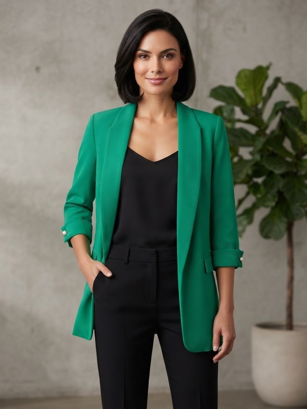 Zara Emerald Green Open-Front Blazer With Pearl Sleeve Accent Size Med
